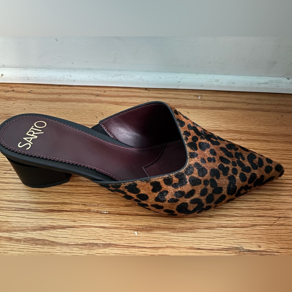 SARTO Leopard Print Asymmetrical Mules